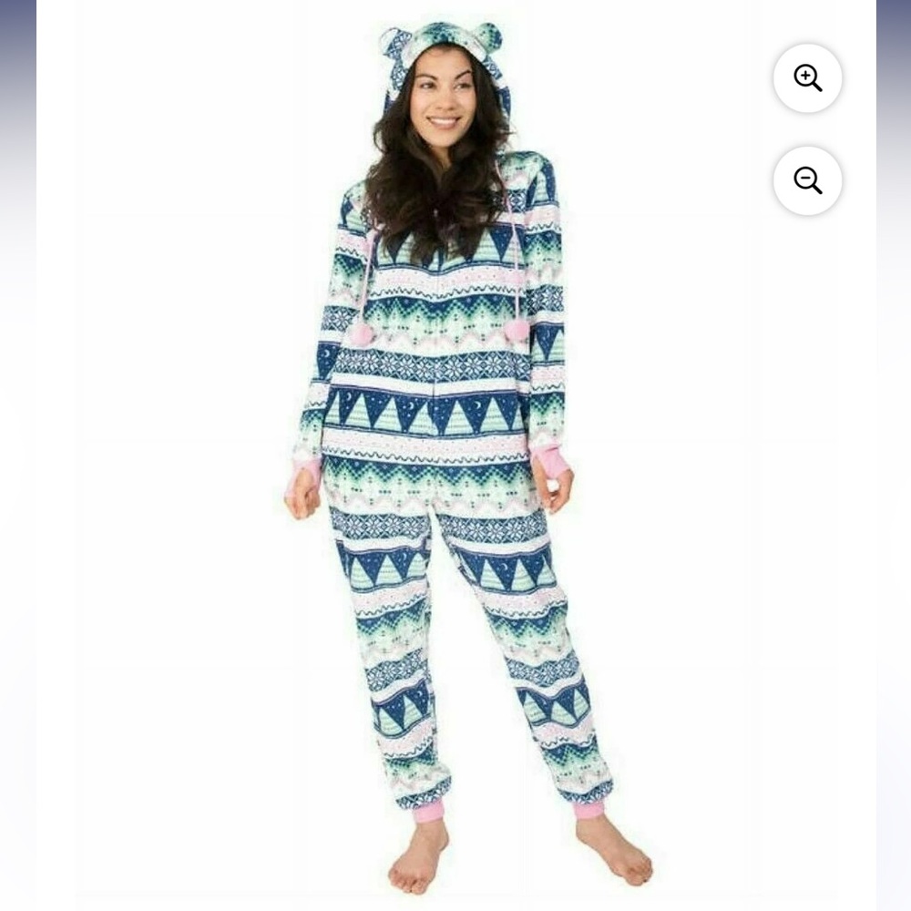 Munki Munki Womens Fleece Hooded One Piece Pajama Jumpsuit Nordic Fair Isle Med